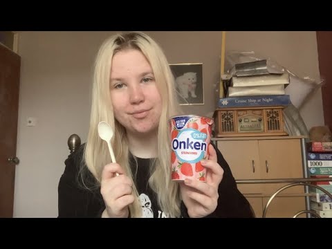 ASMR Yoghurt Eating Mukbang (Mouth Sounds, Plastic Spoon, Tapping) - Whispered