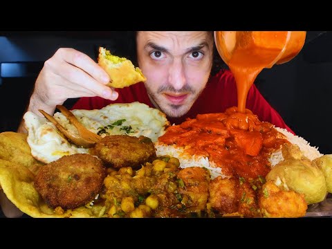 INDIAN FOOD FEAST Mukbang! Chicken Tikka, Samosa, Poori, Naan, Aloo | Nomnomsammieboy