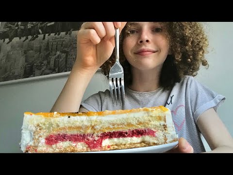 ASMR | Eating Raspberry & Mango Cake 🍰