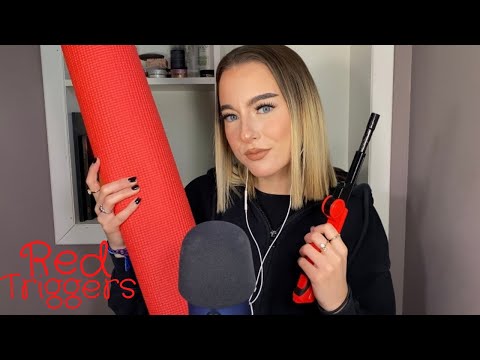 ASMR | cheery red triggers (ft. crinkles, tapping, whispers, mic scratching, & more!)