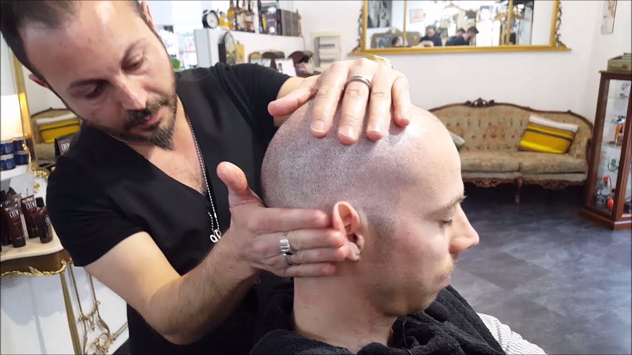 Italian Barber - Head shave with massage and warm towel - ASMR sounds