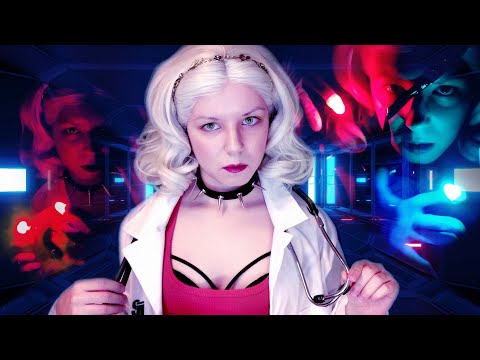 Retro-Futuristic ASMR doctor with VHS tape crinkles and finger lights, latex gloves, accent