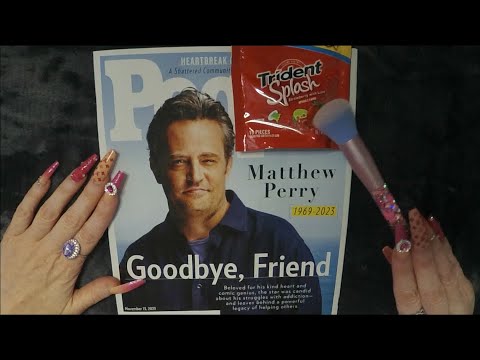 ASMR Gum Chewing Magazine Flip Through | Matthew Perry People | Whispered Page Turning