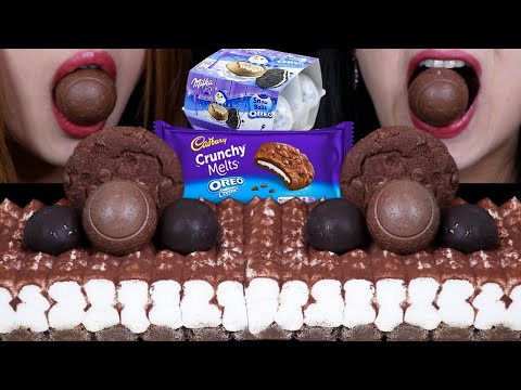 ASMR EATING LOADED CHOCOLATE CAKES (MILKA SNOBALLS, CADBURY OREO COOKIES, BON BON ICE CREAMS) 먹방
