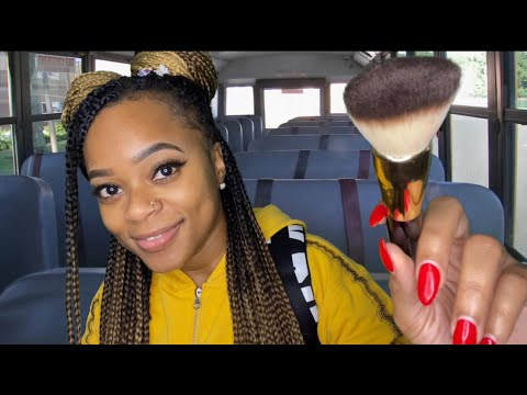ASMR | 🚌📚Popular Girl in the back of the School Bus Does Your Makeup | Soft Gum Chewing