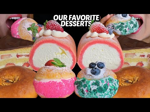 ASMR OUR FAVORITE FANCY DESSERTS! GIANT CREAM ROLL CAKES, CHOCOLATE GLAZED CAKES, CREAM DONUTS 먹방