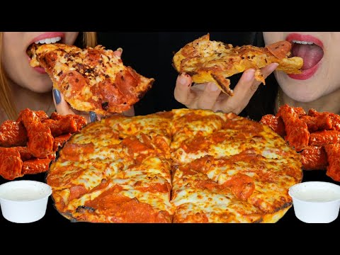 ASMR EXTRA CHEESY PEPPERONI PAN PIZZA & MANGO HABANERO WINGS WITH RANCH, BBQ, GARLIC BUTTER 먹방