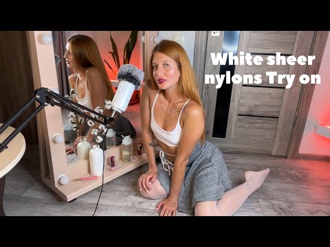ASMR Best Lipstick for Me. Outfit: White Sheer Pantyhose and College Skirt. Pantyhose Try On Haul.