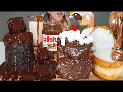 ASMR NUTELLA, CHOCOLATE LAVA CAKE, BROWNIE CAKE, FUDGE & MILK 초콜릿 용암 케이크チョコレート溶岩MUKBANG