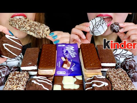 ASMR MILK + WHITE CHOCOLATE ICE CREAM, BROWNIE, KINDER CAKE, MILKA CHOCOLATE 먹방 | Kim&Liz ASMR