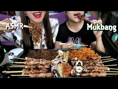 ASMR Mukbang | Black Bean Noodles | Samyang Spicy Noodles | Pork BBQ | Squid Eating Sounds