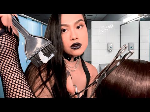 ASMR Goth Girl Befriends U Again 🖤 PIERCING + Doing Your HAIR (Dye) in School Gum Chewing ,Makeover