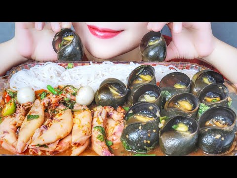 ASME EATING APPLE SNAILS X EGGS SQUID X SPICY THAI SAUCE , EATING SOUNDS | LINH-ASMR