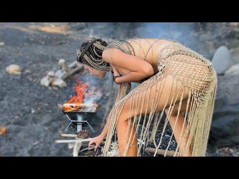 solo young beauty camping on volcanic beach😱 fishing from amazon woman😍