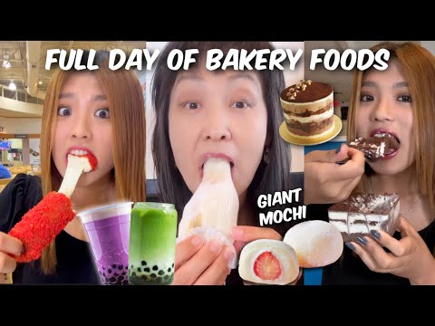 EATING ONLY BAKERY FOODS FOR A FULL DAY CHALLENGE! OREO DONUT, BIG MOCHI, BOBA, FLAMIN HOT CORN DOGS