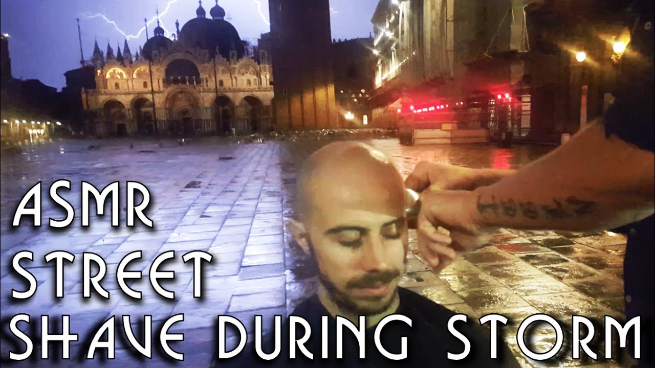 💈 Street Barber Shave in Venice during storm - clipper - ASMR no talking