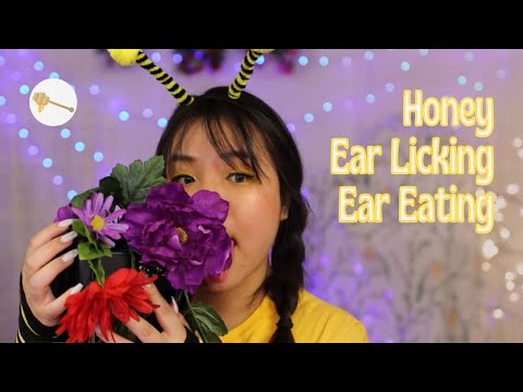ASMR Honey Ear Licking & Eating | Sticky Sweet Satisfying 🍯  | I'm a Bee 🐝 and You're a Flower 🌷