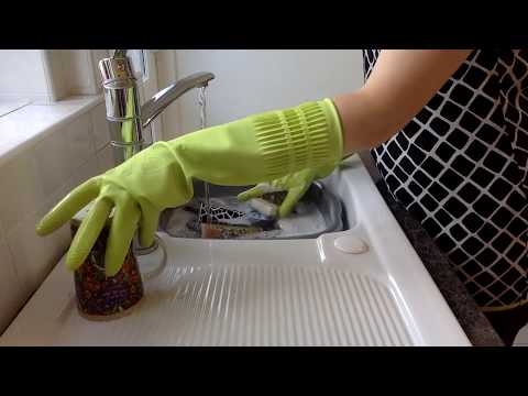 ASMR Mummy Washes and Dries the Dishes Wearing Long Green Rubber Gloves