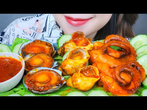 ASMR EATING SPICY SEAFOOD (ABALONE, BULOT SNAIL ,SQUID TENTACLES) EATING SOUNDS | LINH-ASMR