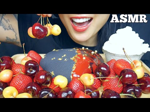 ASMR GLAZED BLACK RED HEART MOUSSE CAKE + STRAWBERRY CHEERY WHIPPED CREAM (EATING SOUND) | SAS-ASMR