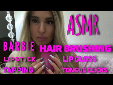 💖ASMR Barbie Hair Brushing, Tongue Clicking, Lip Gloss, Lip Stick, Tapping (No Talking, Binaural)💖
