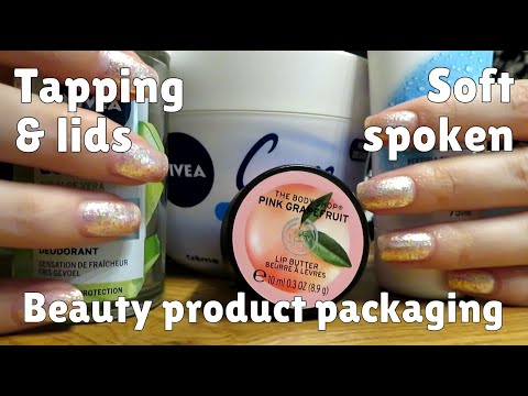 ASMR tapping and lids ~ empty beauty product packages & soft speaking