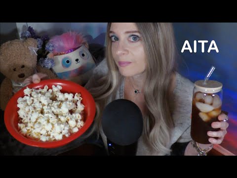 ASMR Eating Popcorn, Drinking Iced Tea & AITA Reactions Whispered