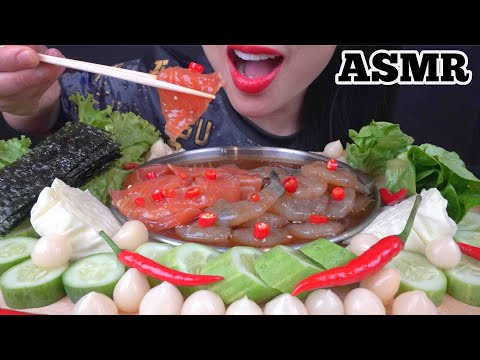 ASMR MARINATED RAW SHRIMP AND SALMON SASHIMI + FRESH VEGGIES (EATING SOUNDS) NO TALKING | SAS-ASMR