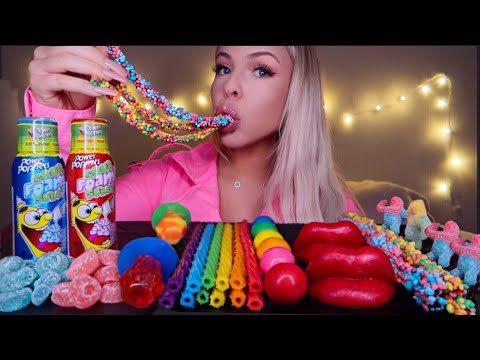 ASMR RAINBOW CANDY, SOUR SLOTHS, RAINBOW TWIZZLERS, NERD ROPE, WAX LIPS, SOUR FOAM CANDY MUKBANG