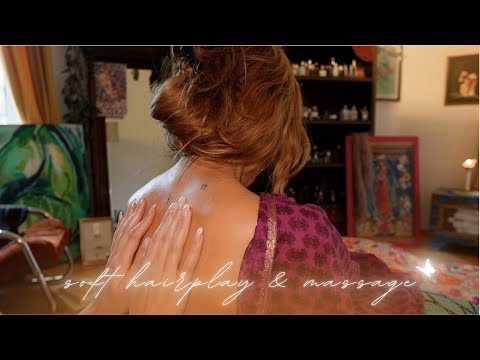 ASMR whispered 😴 super soft hairplay, back touches & oil massage