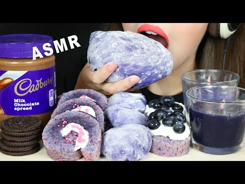 ASMR PURPLE FOOD GIANT SNOWBALL MOCHI, EDIBLE CANDLES, MILK CHOCOLATE SPREAD (Eating Sounds)