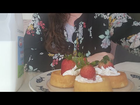 Strawberries, Yellow cake , Whip cream , ASMR 🍓 No Talking