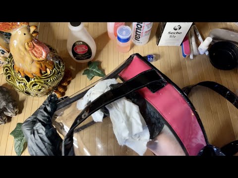 ASMR Organizing nail kit bags! (Whispered) Cleaning heavy plastic with latex gloves. Water & windex!