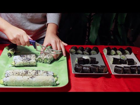 ASMR with food: making SUSHI (rice squishing, nori cutting, plastic wrap, knife sounds)