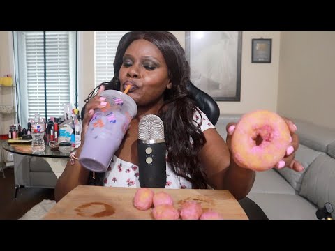 DUNKIN ALWAYS HAVE SOMETHING NEW ON THE MENU STRAWBERRY POWDER DONUTS ASMR EATING SOUNDS