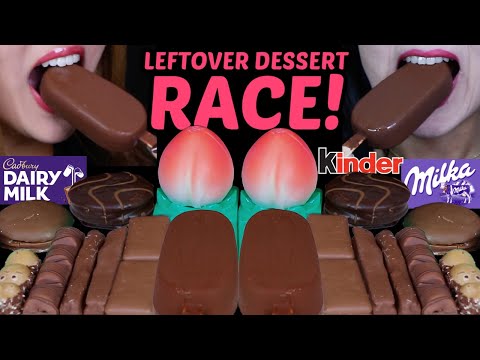 ASMR LEFTOVER DESSERT RACE! CADBURY TWIRL, GIANT CHOCOLATE ICE CREAM, KINDER, MILKA CAKES, PEACH POP