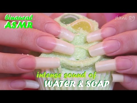 🎧 ASMR: binaural water sound +Scraping,Tapping&Scratching a bath-salt Soap with natural long nails
