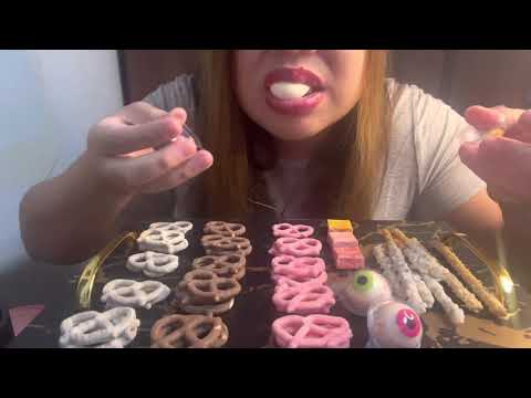 ASMR PINK, WHITE, BROWN PRETZELS AND EYE GUMMY CANDY MUKBANG