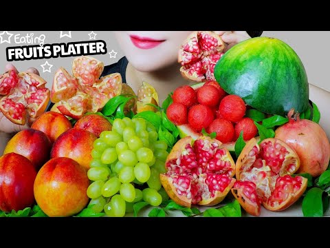 ASMR EATING FRUITS PLATTER (PEACH , WATER MELON , GREEN GRAPES , POMEGRANATES ) | LINH-ASMR