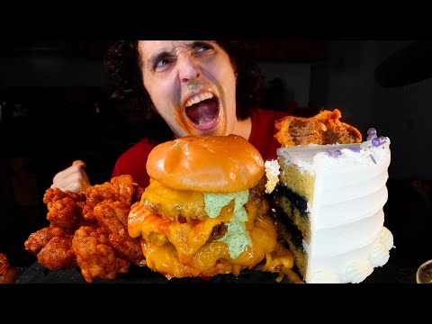 ASMR TRIPLE CHEESE BURGER , BUFFALO CHICKEN NUGGETS , WEDDING CAKE MUKBANG (no talking) NOMNOM