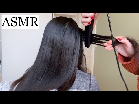 ASMR | Straightening & brushing my friend's curly hair 🤎 (styling, brushing, hair play, no talking)