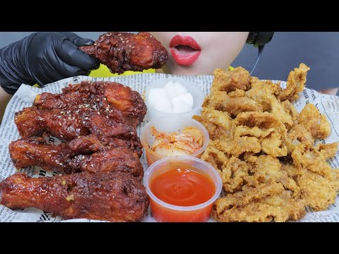 ASMR EATING SPICY CHICKEN X DEEP FRIED CHICKEN SKIN , EATING SOUNDS | LINH-ASMR
