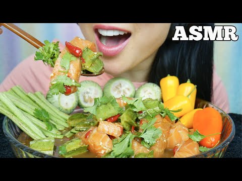 ASMR SPICY SALMON SASHIMI SALAD + FRESH VEGGIES (EATING SOUNDS) NO TALKING | SAS-ASMR