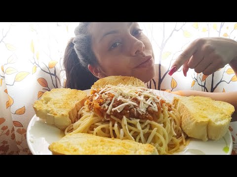 ASMR Comiendo Pasta (Spaghetti) Boloñesa con Queso y Pan Tostado 🍝🍞🥤| Mukbang / Eating Sounds