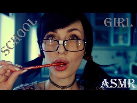 4k ASMR School Girl Roleplay: Lollipop, Whispering, Glasses, Scratching sounds, Close up.
