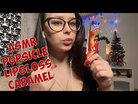 ASMR Fruit popsicle and lipgloss with many kisses + popping shugar