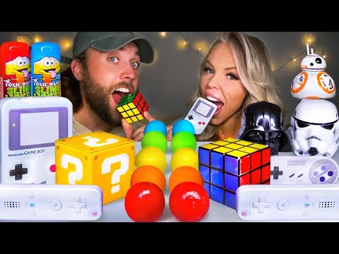 ASMR CANDY RACE *CHALLENGE* EDIBLE RUBIK'S CUBE CANDY, GAMEBOY, WII, STAR WARS SOUR CANDY MUKBANG 먹방