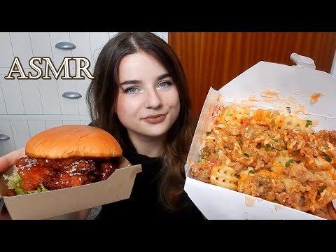 ASMR Mukbang 먹방 - Crispy Chicken Skin Waffle Fries & Korean Honey Butter Burger (Soft Spoken)