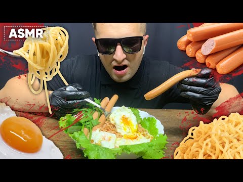 ASMR MUKBANG FIRE NOODLES & EGGS WITH SAUSAGE (No Talking) EATING SOUNDS