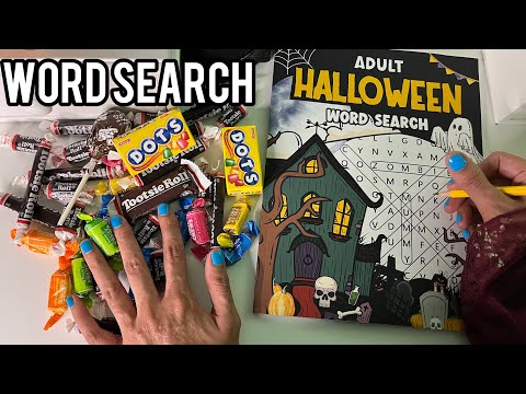 ASMR Word Search and Eating Halloween Candy (Background Sound Rain) Whisper